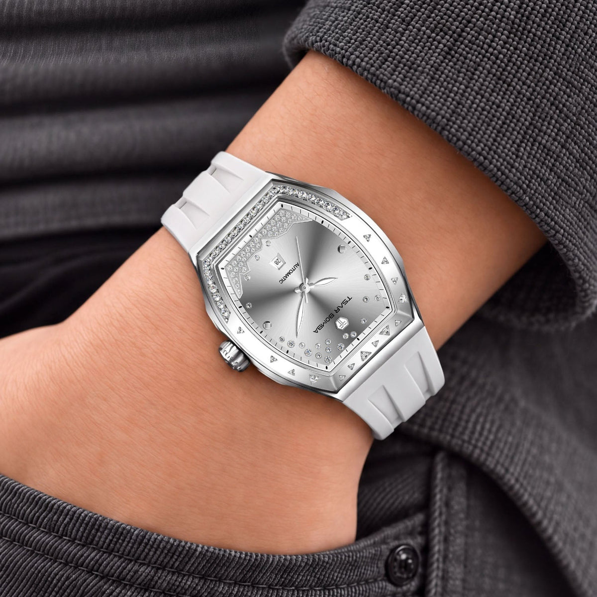 Tsar Bomba Lumina White Silver — Worn on wrist with a hand in pocket, seen from a relaxed angle, available at IFL Watches.