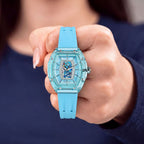 Tsar Bomba Nucleus Femme 02 Blue — Held in hand, showing the transparent case and rose-gold screws, available at IFL Watches.