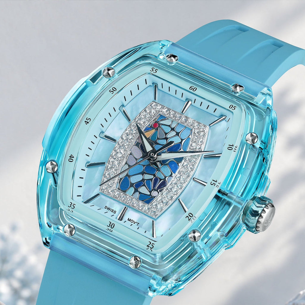 Tsar Bomba Nucleus Femme 02 Blue — Close angled view of the mosaic and mother-of-pearl through the sapphire crystal, available at IFL Watches.