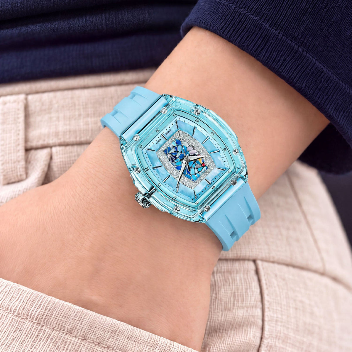 Tsar Bomba Nucleus Femme 02 Blue — Worn on wrist with a hand in pocket, seen from a relaxed angle, available at IFL Watches.