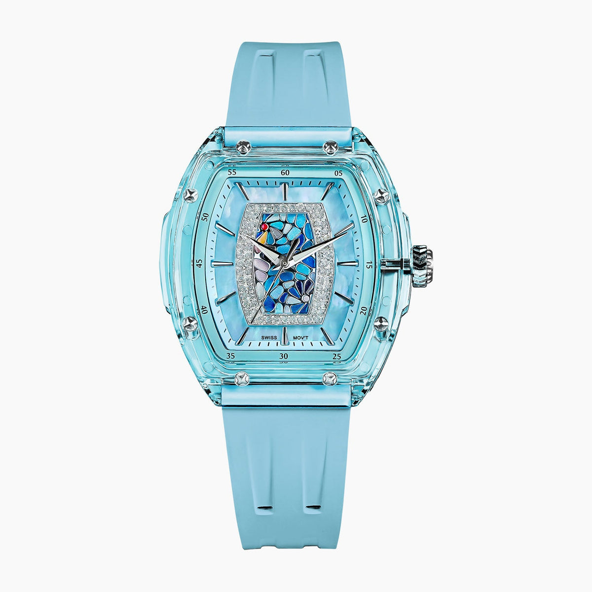 Tsar Bomba Nucleus Femme 02 Blue — Front view of the mother-of-pearl dial with stained-glass mosaic, framed by sparkling stones in a 35mm translucent blue tonneau case, available at IFL Watches.
