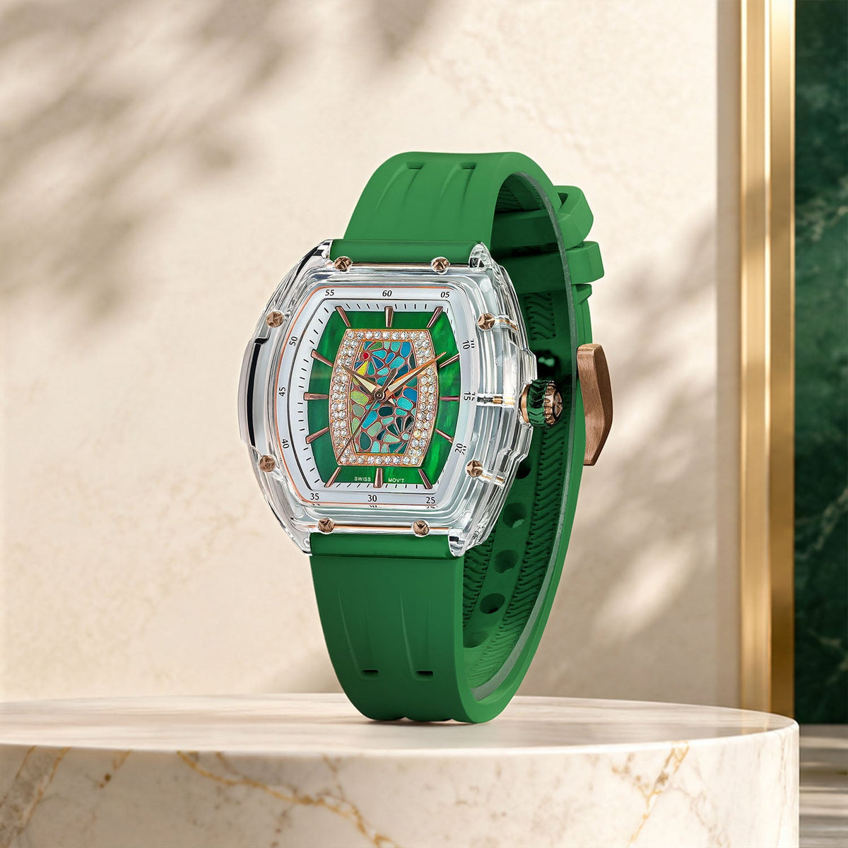 Tsar Bomba Nucleus Femme 02 Green — Standing on a reflective surface, seen in three-quarter view, available at IFL Watches.