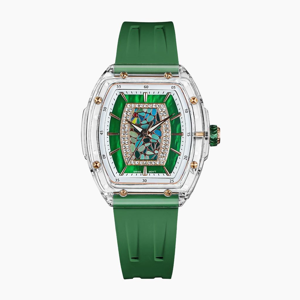 Tsar Bomba Nucleus Femme 02 Green — Front view of the green mother-of-pearl dial with mosaic, framed by sparkling stones in a 35mm clear tonneau case, available at IFL Watches.