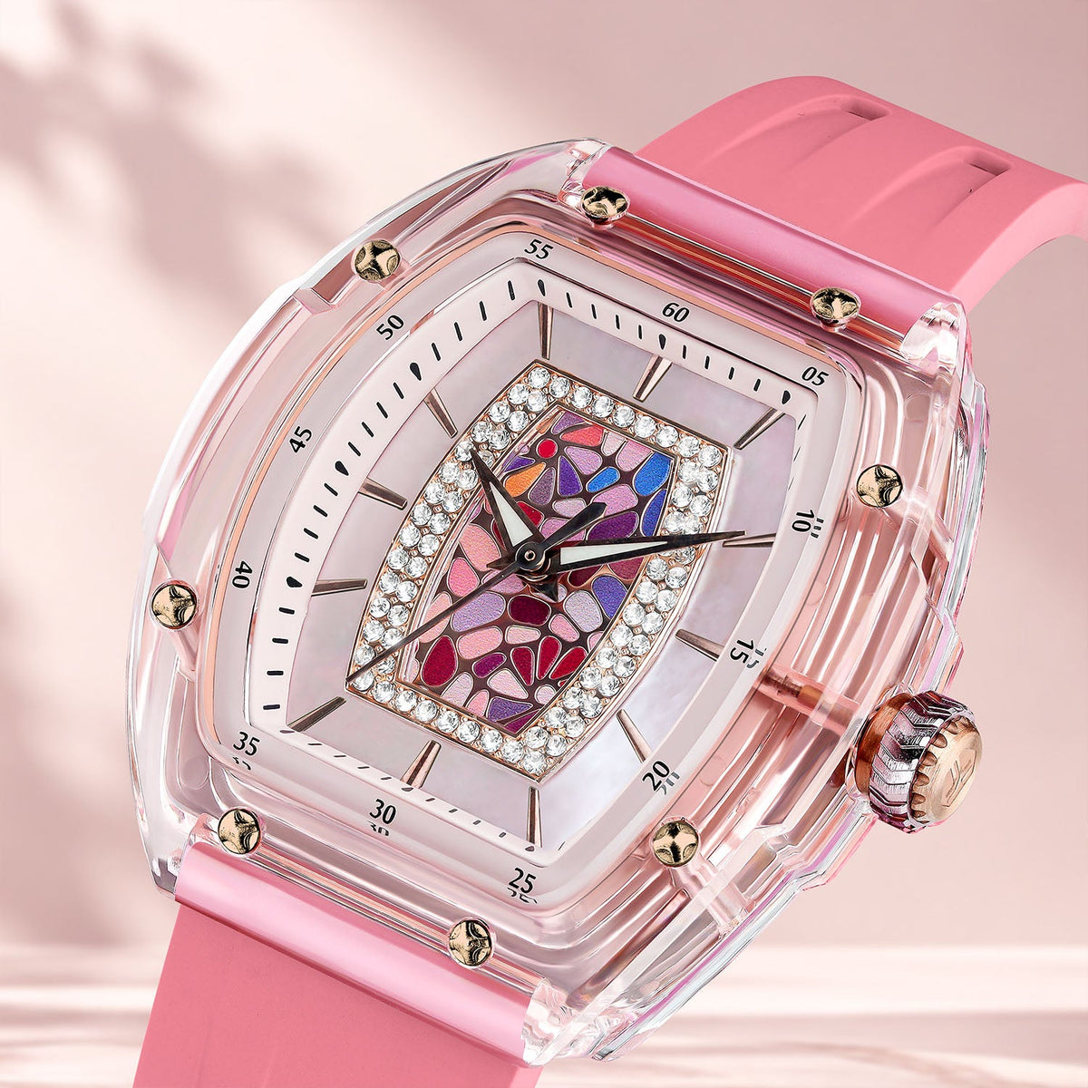 Tsar Bomba Nucleus Femme 02 Pink — Close angled view of the mosaic and mother-of-pearl through the sapphire crystal, available at IFL Watches.