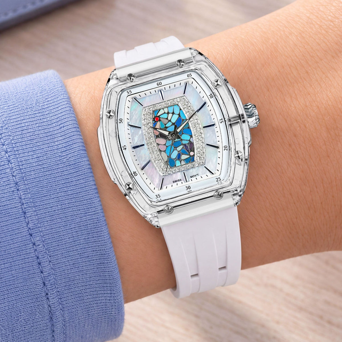 Tsar Bomba Nucleus Femme 02 White Blue — Worn on wrist, showing the tonneau case and strap, available at IFL Watches.