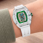 Tsar Bomba Nucleus Femme 02 White Green — Worn on wrist, showing the tonneau case and strap, available at IFL Watches.