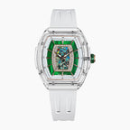 Tsar Bomba Nucleus Femme 02 White Green — Front view of the green-ringed mother-of-pearl dial with mosaic, framed by sparkling stones in a 35mm clear tonneau case, available at IFL Watches.