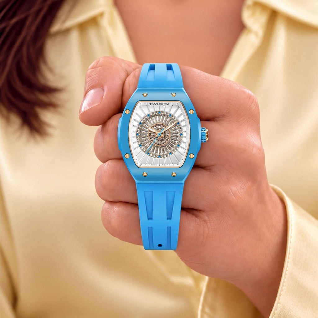 Tsar Bomba Nucleus Femme 03 Blue — Held in hand, showing the radiating stone centre, available at IFL Watches.