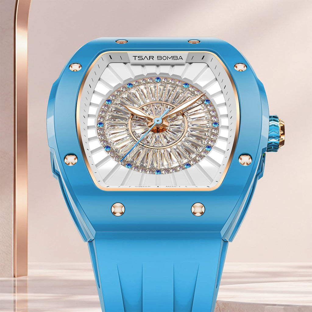 Tsar Bomba Nucleus Femme 03 Blue — Close front view of the dial and screwed bezel against a soft backdrop, available at IFL Watches.
