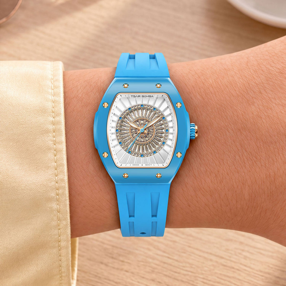 Tsar Bomba Nucleus Femme 03 Blue — Worn on wrist, showing the tonneau case and strap, available at IFL Watches.