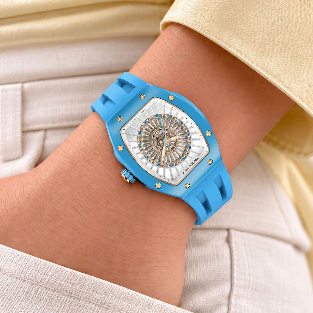 Tsar Bomba Nucleus Femme 03 Blue — Worn on wrist with a hand in pocket, seen from a relaxed angle, available at IFL Watches.