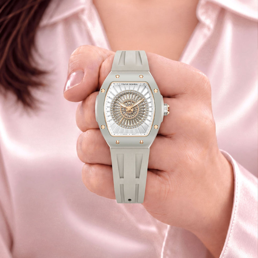 Tsar Bomba Nucleus Femme 03 Ghost Grey — Held in hand, showing the radiating stone centre, available at IFL Watches.