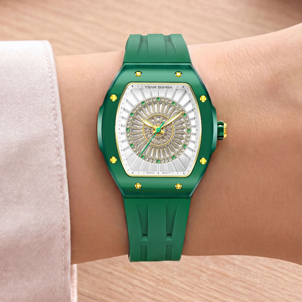 Tsar Bomba Nucleus Femme 03 Green — Worn on wrist, showing the tonneau case and strap, available at IFL Watches.