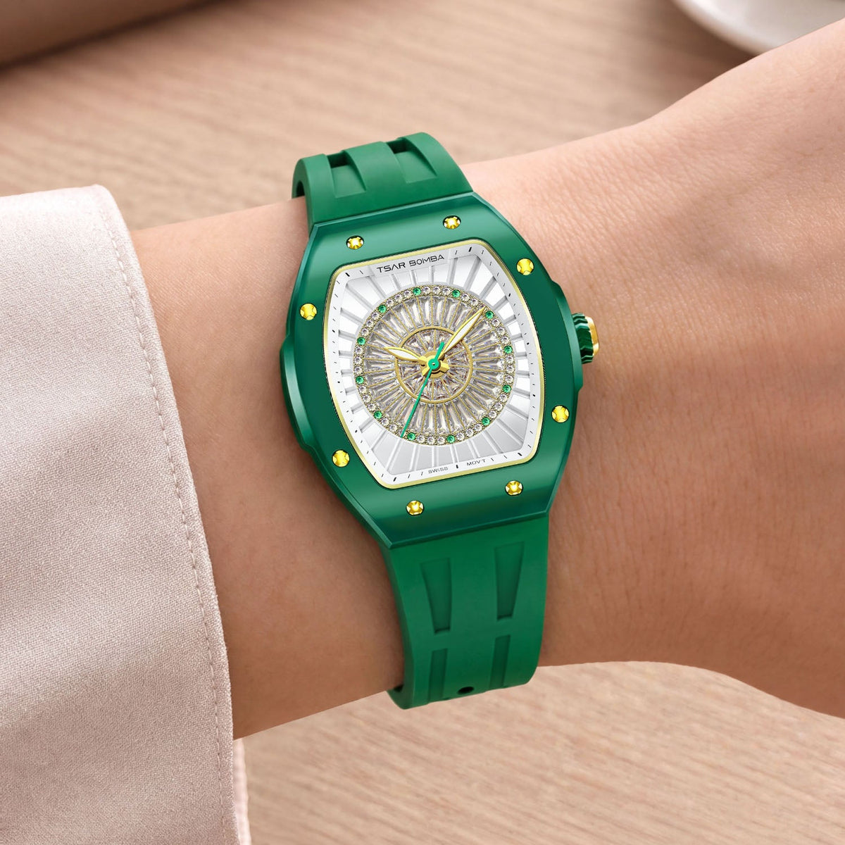 Tsar Bomba Nucleus Femme 03 Green — Worn on wrist at an angle, showing the rose-gold crown, available at IFL Watches.