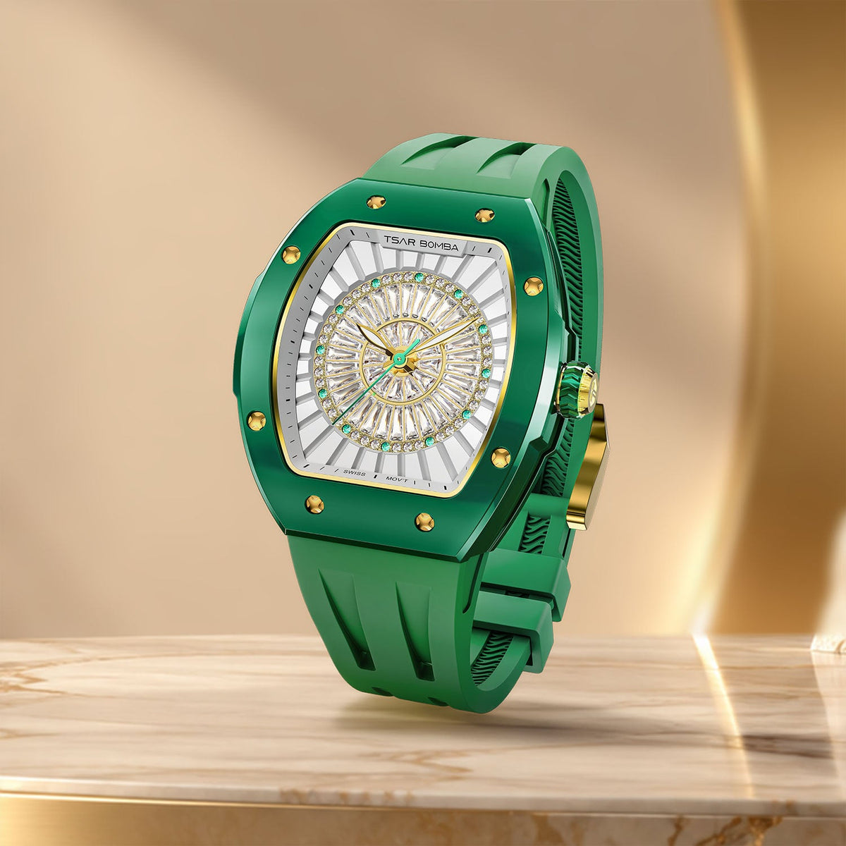 Tsar Bomba Nucleus Femme 03 Green — Standing on a pedestal, seen in three-quarter view, available at IFL Watches.