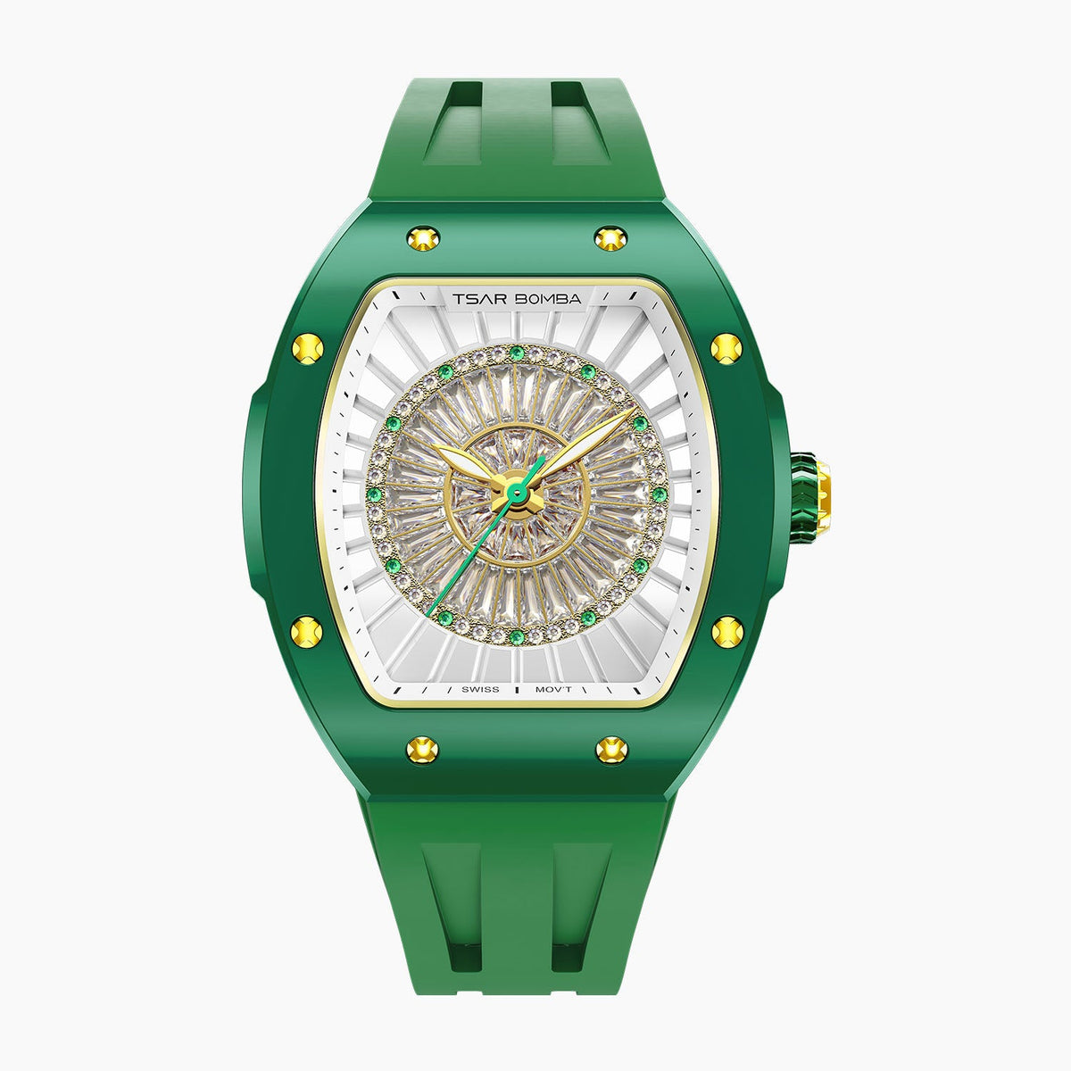 Tsar Bomba Nucleus Femme 03 Green — Front view of the dial with a rosette of baguette-cut stones and rose-gold accents, 35mm green ceramic tonneau case, available at IFL Watches.