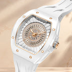 Tsar Bomba Nucleus Femme 03 White — Close angled view of the baguette-cut stones and ring of cubic zirconia, available at IFL Watches.