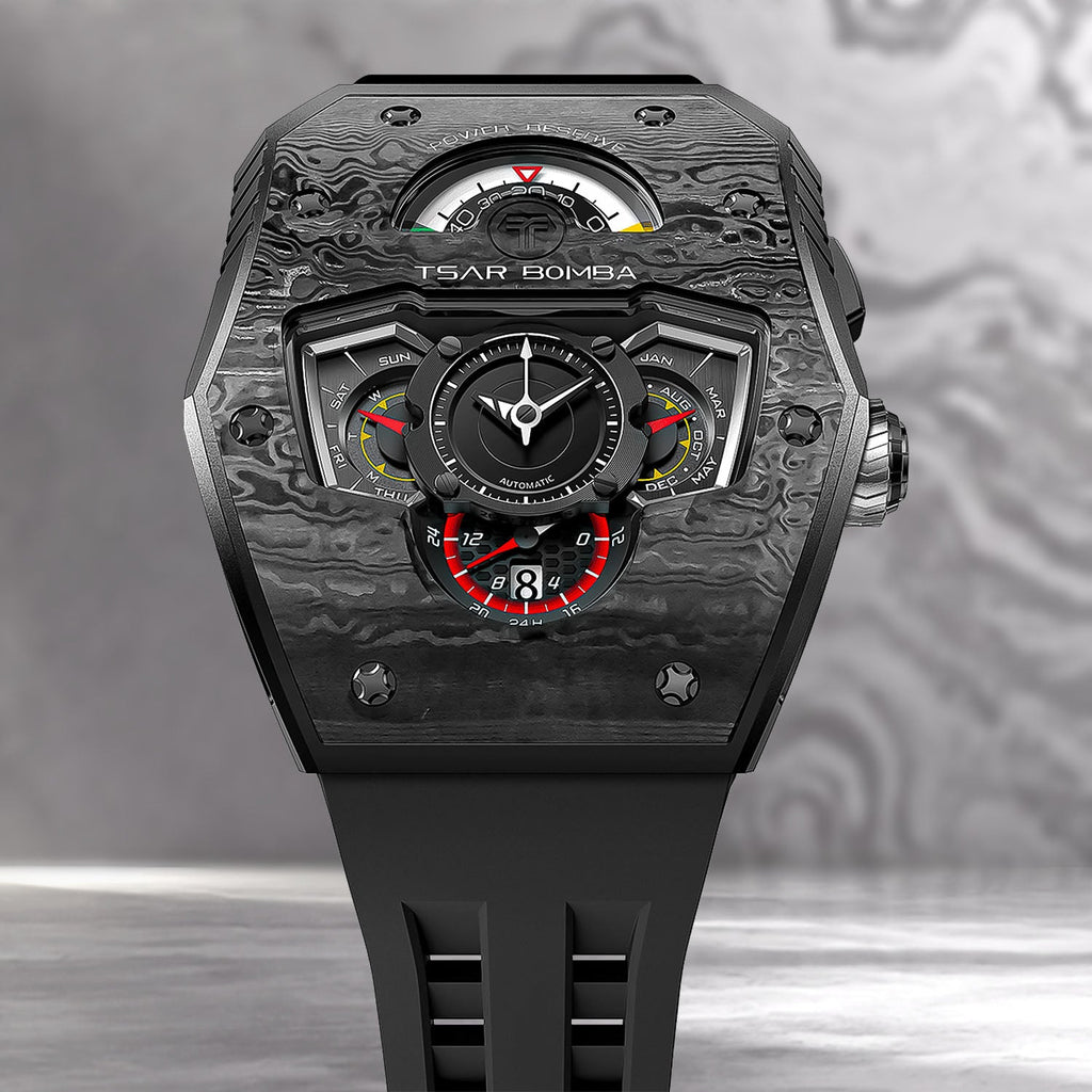 Tsar Bomba Parallax Carbon Black — Front close-up against a dark textured backdrop, showing the day, month and 24-hour displays, available at IFL Watches.