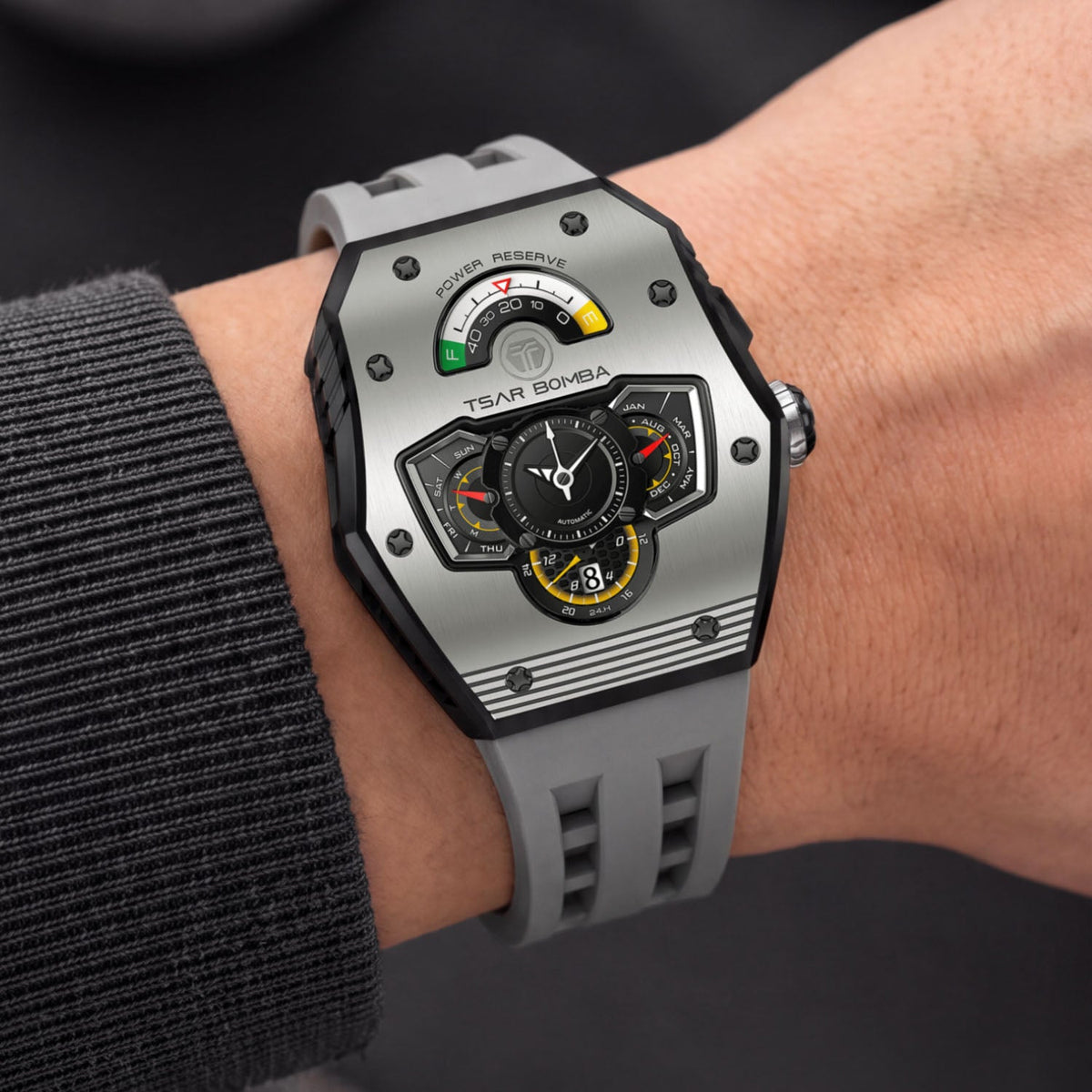 Tsar Bomba Parallax Grey — Worn on wrist at an angle, showing the crown and screwed bezel, available at IFL Watches.