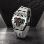 Tsar Bomba Parallax Grey — Standing on a table in a moody interior, showing the case profile, available at IFL Watches.
