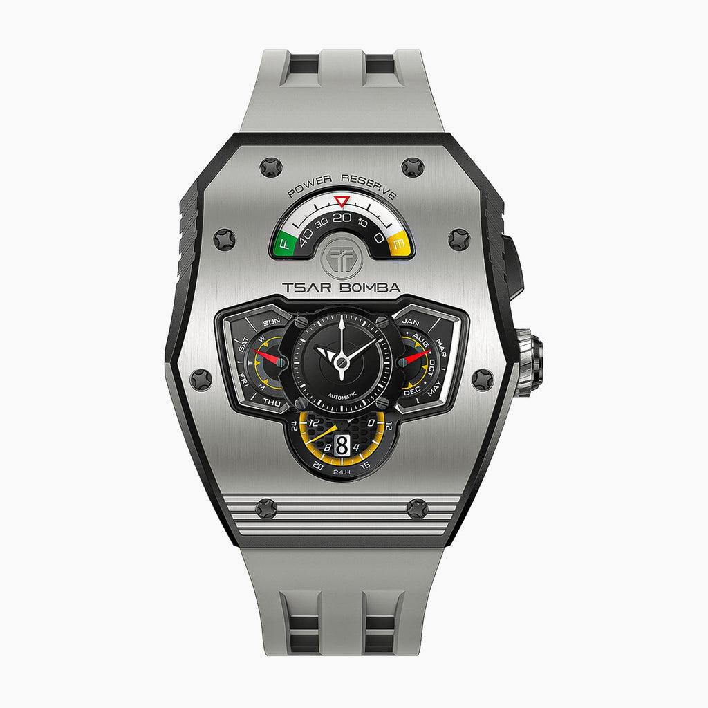 Tsar Bomba Parallax Grey — Front view of the layered dashboard dial with fuel-style power-reserve gauge, 43.2mm steel tonneau case with grey ceramic bezel, available at IFL Watches.