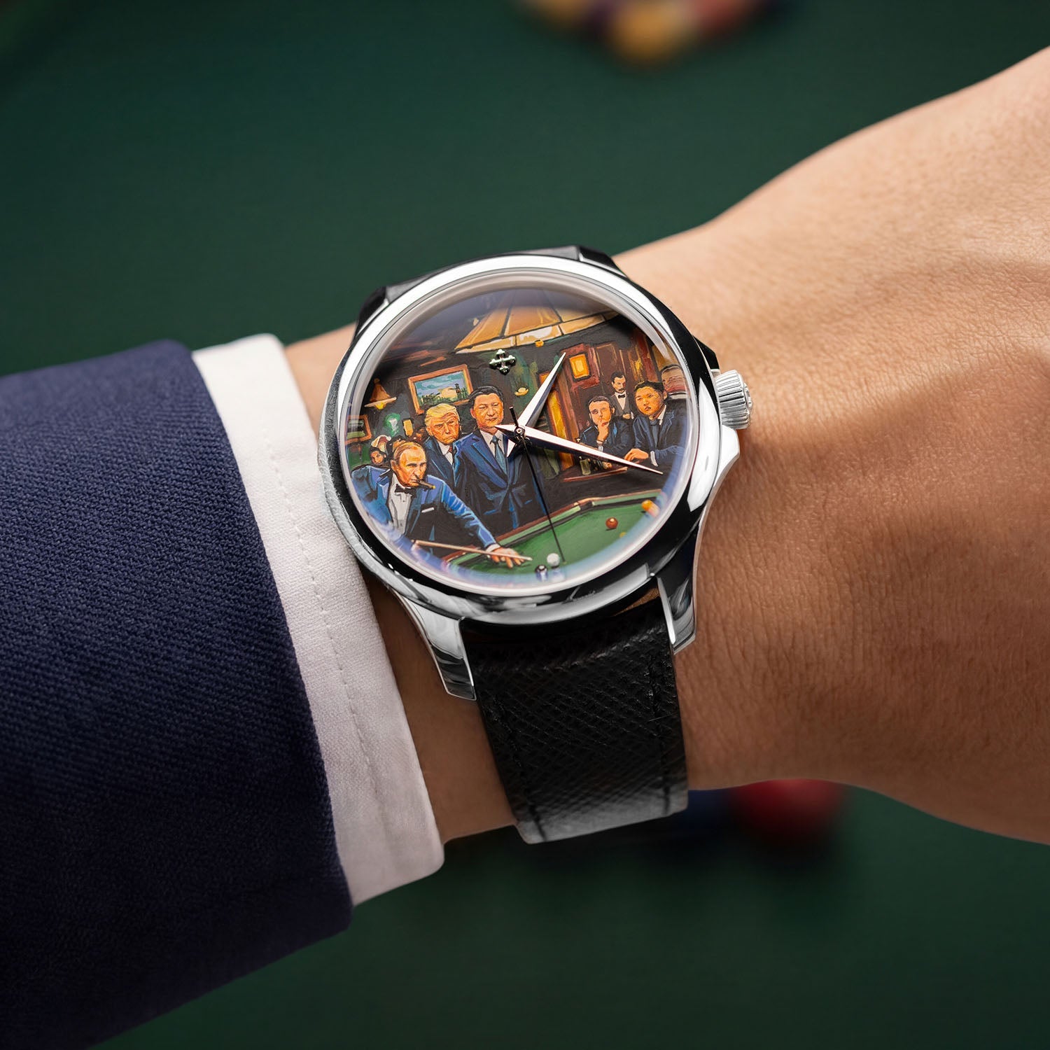 Venezianico Redentore Off the Record — Angled wrist shot showing hand-painted dial detail with green baize and amber tones, limited edition by IFL Watches