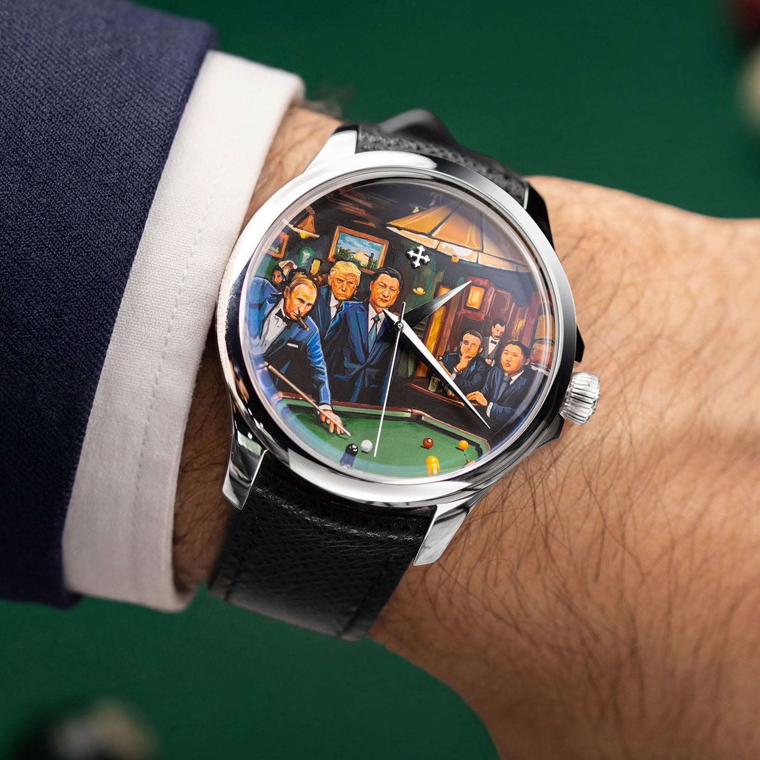 Venezianico Redentore Off the Record — Worn on wrist showing hand-painted billiards lounge scene on polished stainless steel case, limited edition by IFL Watches