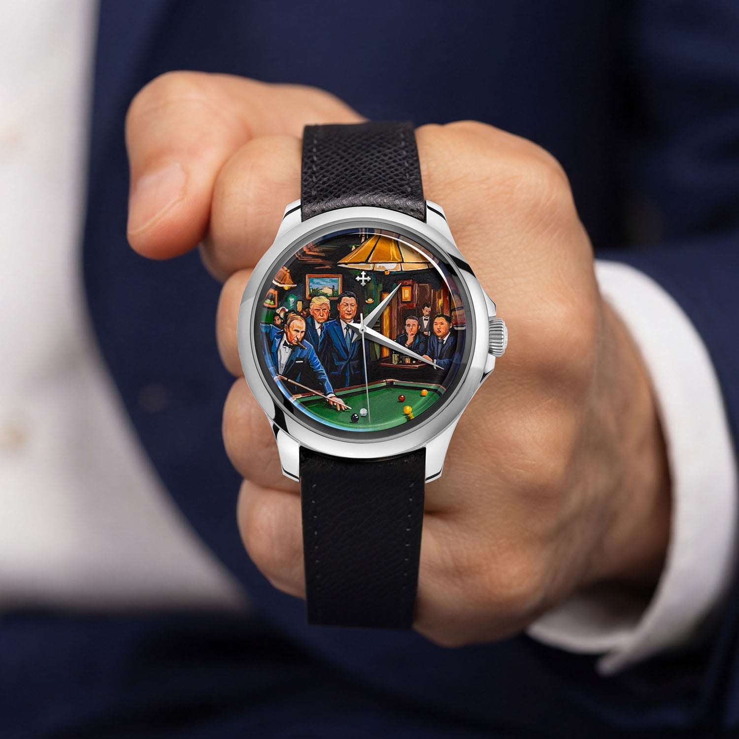 Venezianico Redentore Off the Record — Held in hand showing full dial with hand-painted billiards scene and Italian leather strap, limited edition by IFL Watches