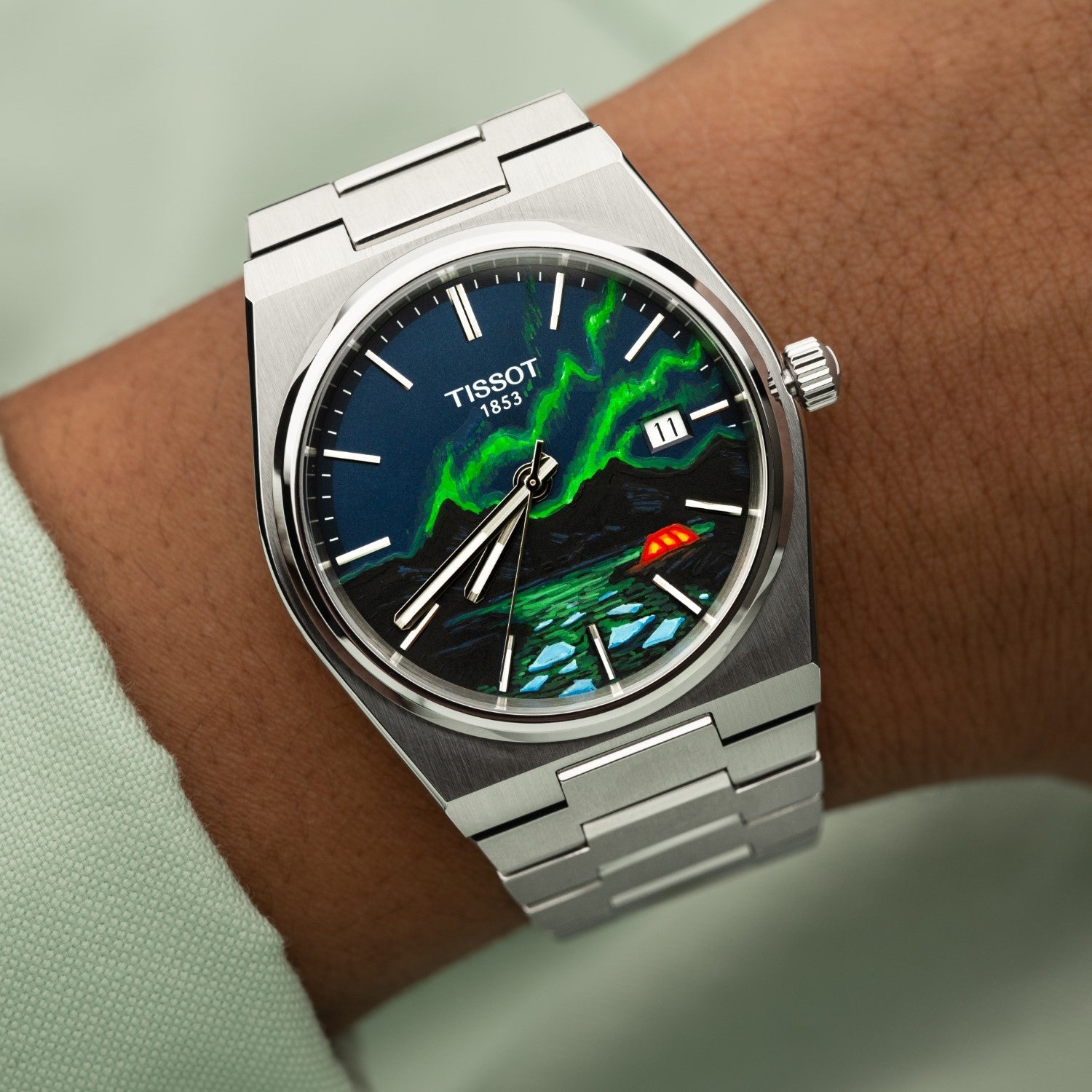 PRX Vista Aurora – Hand-painted concept on Tissot PRX featuring custom Aurora Borealis artwork, limited edition by IFL Watches