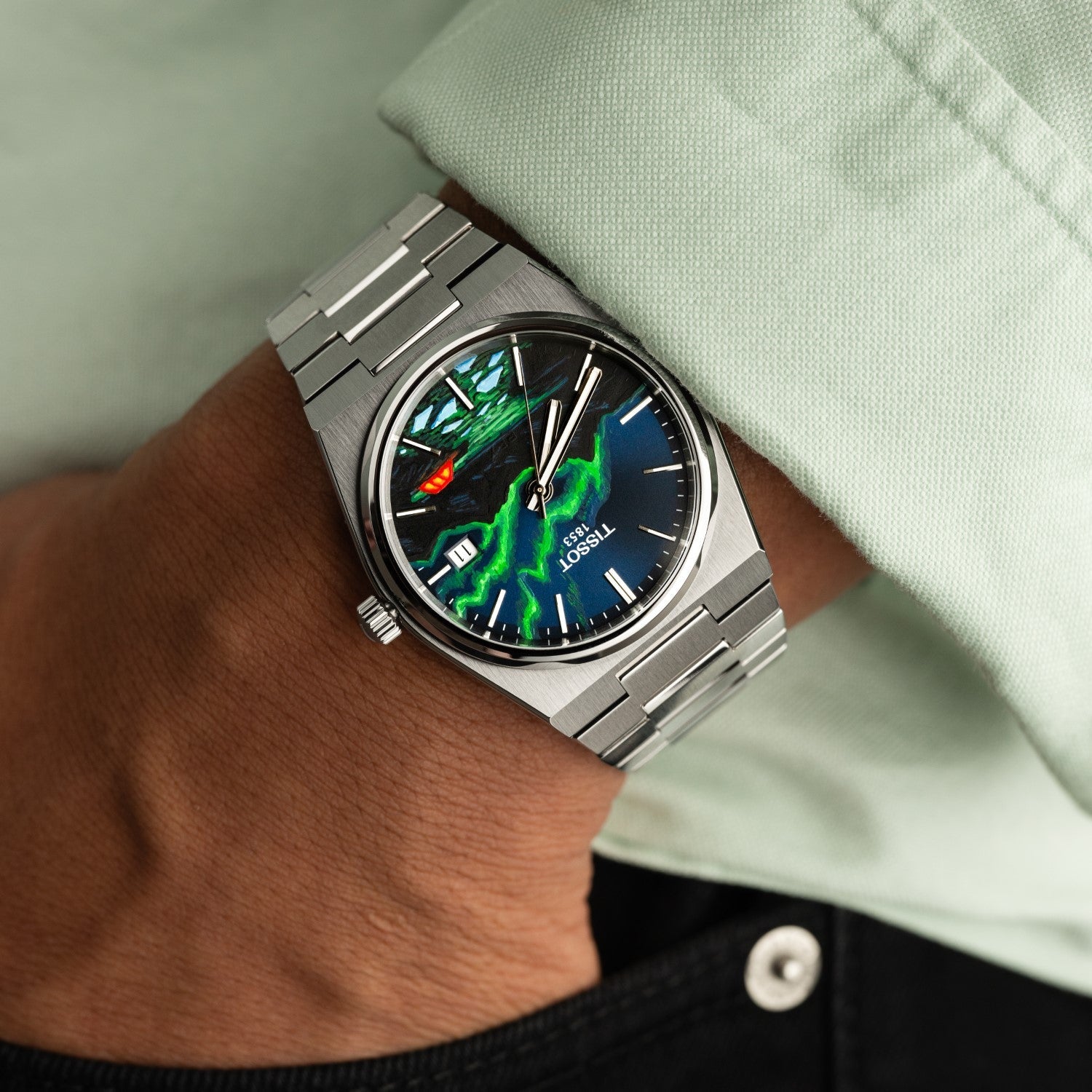 PRX Vista Aurora – Hand-painted concept on Tissot PRX featuring custom Aurora Borealis artwork, limited edition by IFL Watches