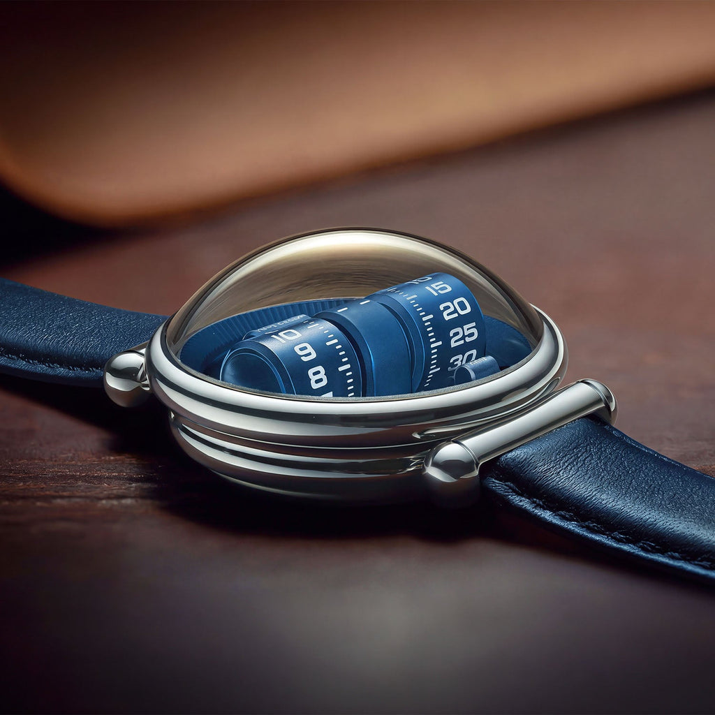 Vortichron Double Roller Blue — Low side view on wood, showing the double-domed sapphire crystal over the rollers, available at IFL Watches.