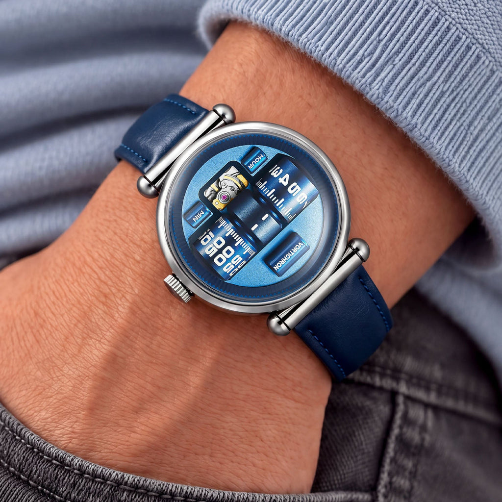 Vortichron Double Roller Blue — Worn on wrist with a hand in pocket, seen from a relaxed angle, available at IFL Watches.