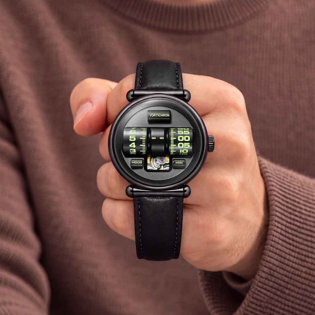 Vortichron Double Roller Midnight Black — Held in hand against a brown knit sweater, showing the two numbered rollers, available at IFL Watches.