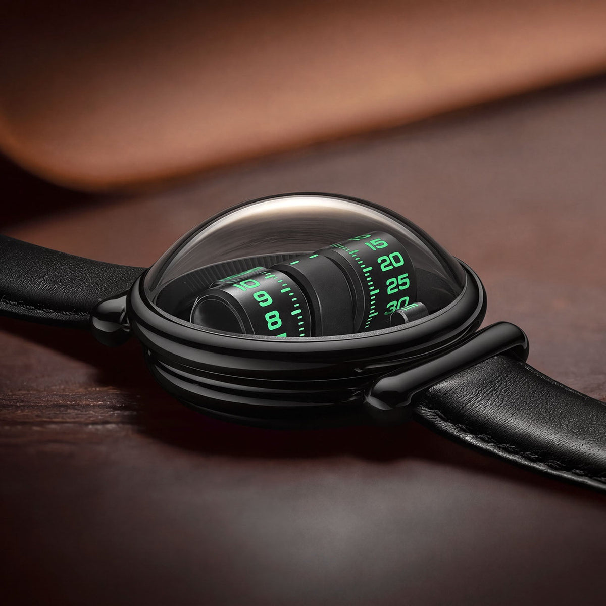 Vortichron Double Roller Midnight Black — Low side view on wood, showing the double-domed sapphire crystal over the rollers, available at IFL Watches.