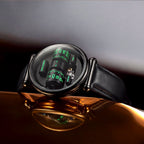 Vortichron Double Roller Midnight Black — Angled on a reflective gold surface, showing the rollers and balance window, available at IFL Watches.