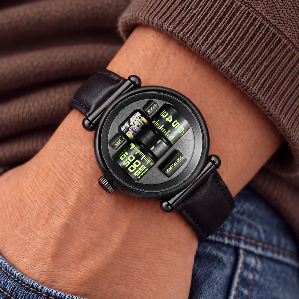 Vortichron Double Roller Midnight Black — Worn on wrist with a hand in pocket, seen from a relaxed angle, available at IFL Watches.
