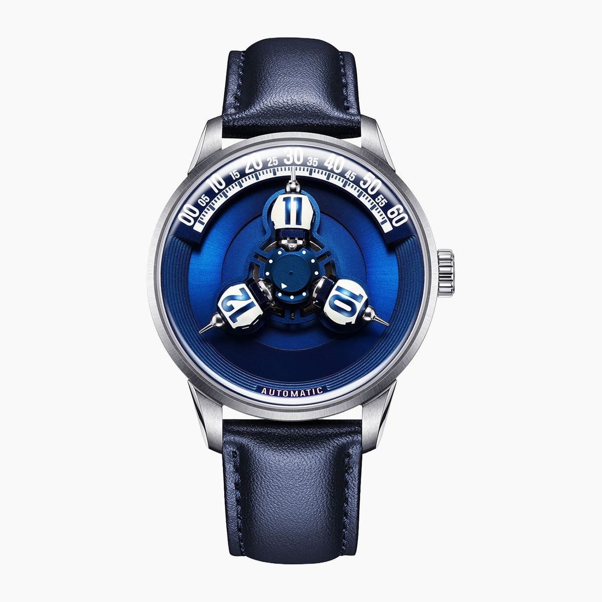 Vortichron Timeorb Blue — Front view of the blue dial with three rotating hour spheres and arched minute track, 41mm steel case on navy leather strap, available at IFL Watches.