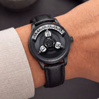 Vortichron Timeorb Midnight Black — Worn on wrist at an angle, showing the dial and crown, available at IFL Watches.