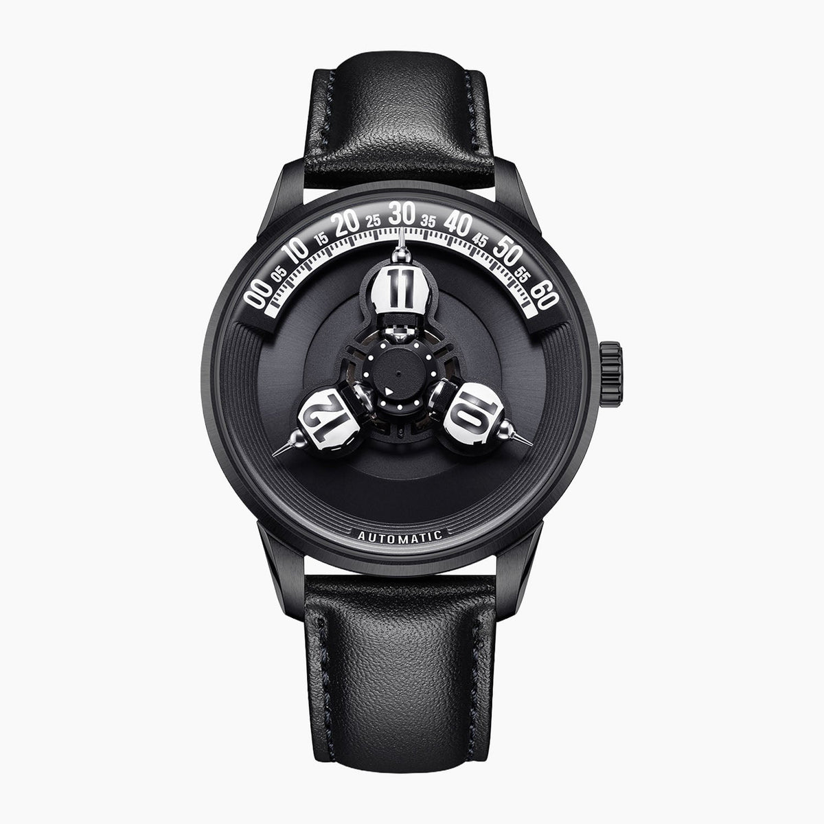 Vortichron Timeorb Midnight Black — Front view of the black dial with three rotating hour spheres and white minute arc, black case on black leather strap, available at IFL Watches.