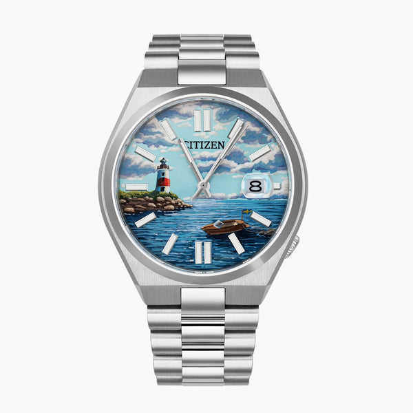 Citizen Tsuyosa Automatic - Archipelago Concept, featuring a hand-painted custom dial inspired by Sweden with serene coastal landscapes, including tranquil waters and picturesque islands.