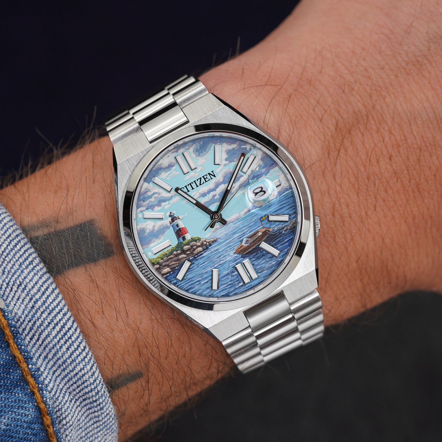 Citizen Tsuyosa Automatic - Archipelago Concept, featuring a hand-painted custom dial inspired by Sweden with serene coastal landscapes, including tranquil waters and picturesque islands.