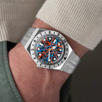 Timex Q Neon – Exclusive hand-painted timepiece with vibrant Blue and Orange Abstract Dial Artwork from Timex Q Diver Custom Collection