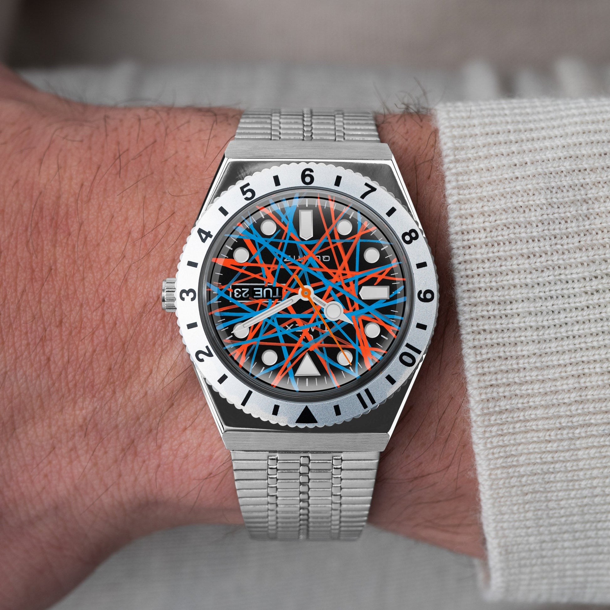 Timex Q Neon – Exclusive hand-painted timepiece with vibrant Blue and Orange Abstract Dial Artwork from Timex Q Diver Custom Collection