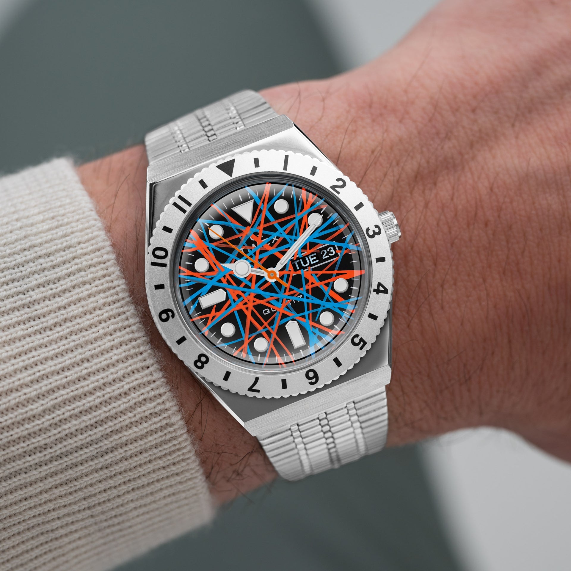 Timex Q Neon – Exclusive hand-painted timepiece with vibrant Blue and Orange Abstract Dial Artwork from Timex Q Diver Custom Collection