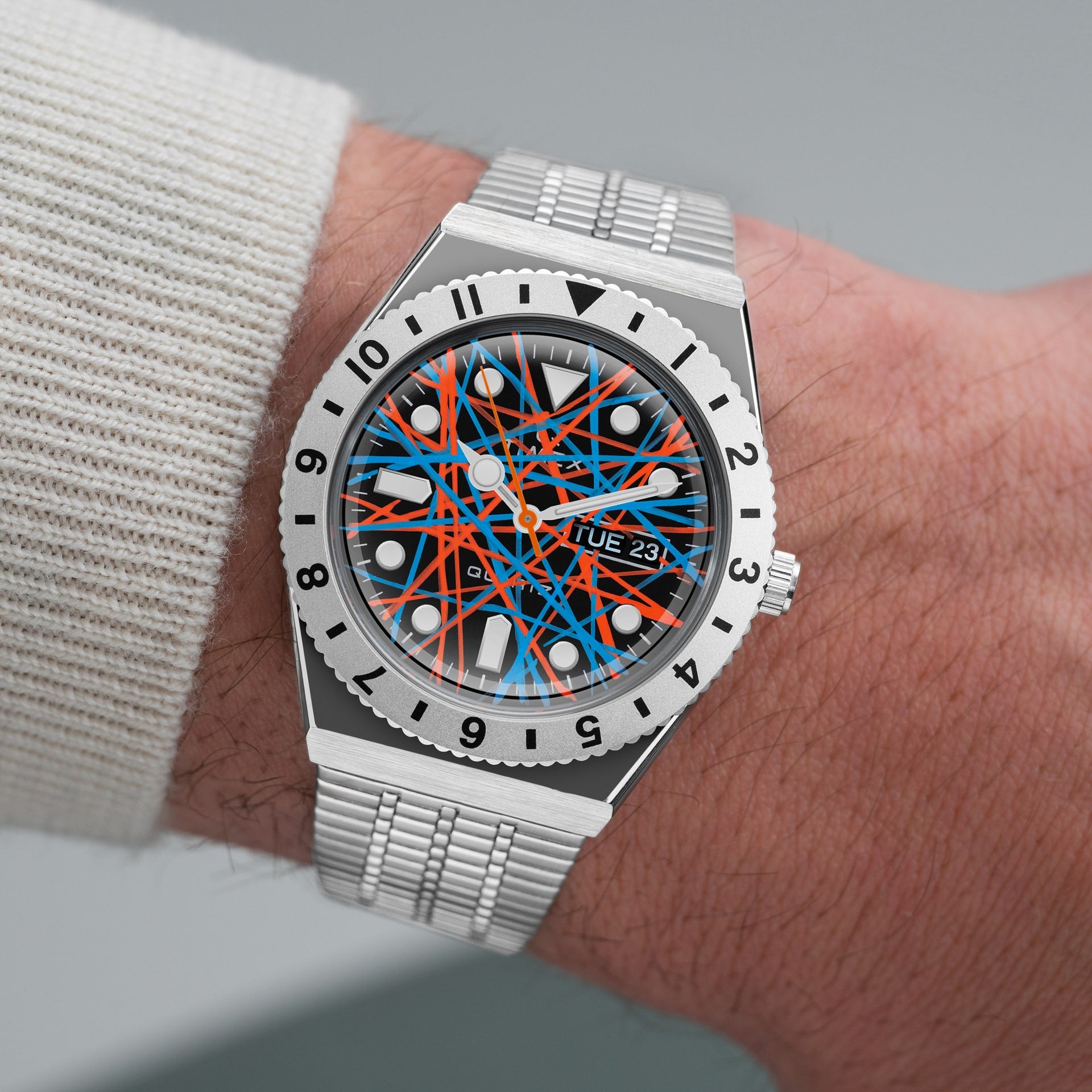 Timex Q Neon – Exclusive hand-painted timepiece with vibrant Blue and Orange Abstract Dial Artwork from Timex Q Diver Custom Collection