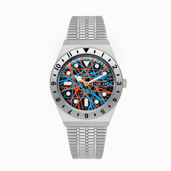 Timex Q Neon – Exclusive hand-painted timepiece with vibrant Blue and Orange Abstract Dial Artwork from Timex Q Diver Custom Collection
