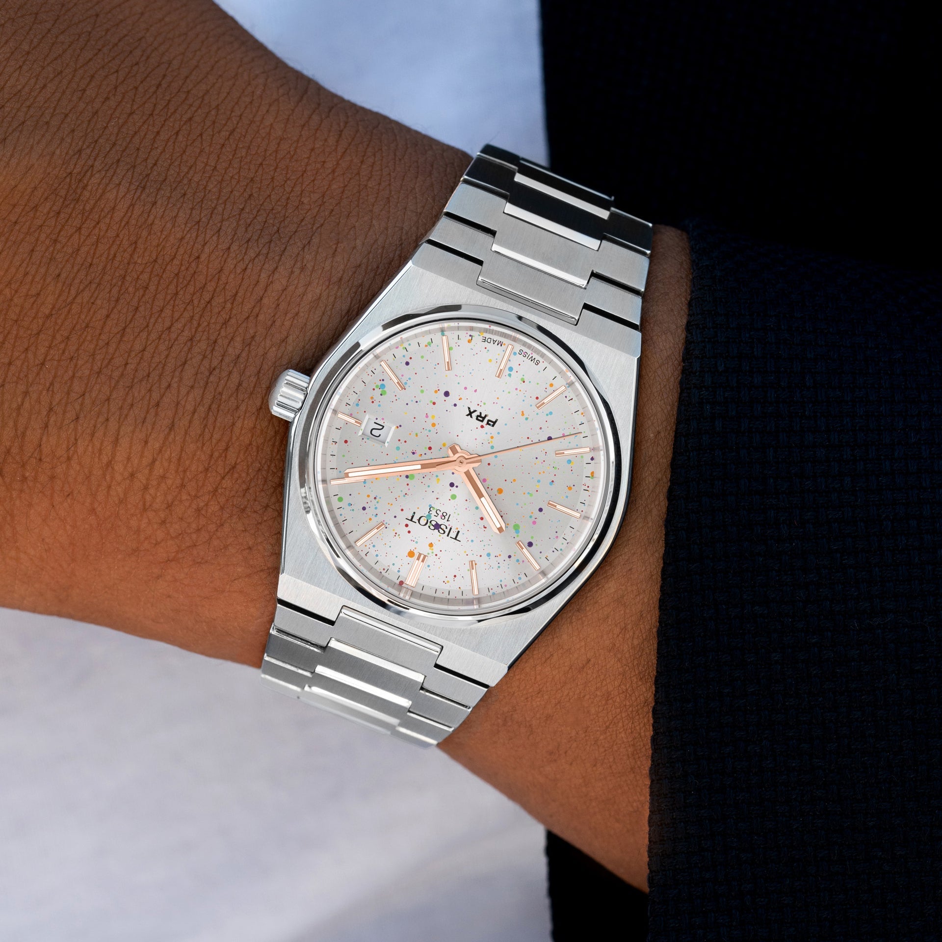 PRX Arctic Sky Concept – hand-painted custom Tissot PRX Silver Dial 35mm watch with abstract artwork, limited edition by IFL Watches.