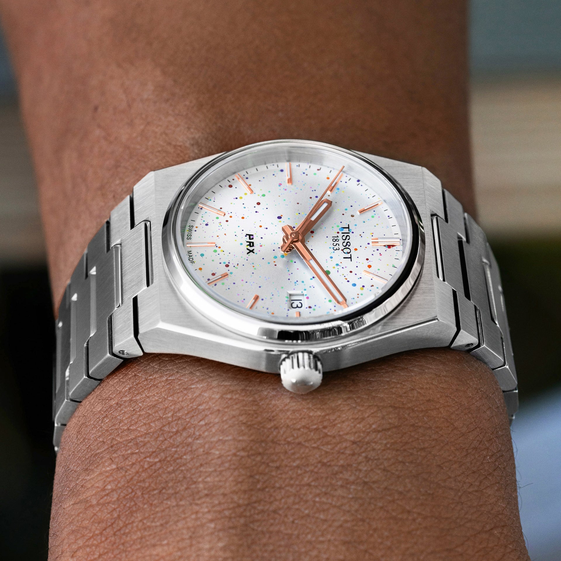 PRX Arctic Sky Concept – hand-painted custom Tissot PRX Silver Dial 35mm watch with abstract artwork, limited edition by IFL Watches.