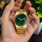 Malachite Gold Concept – Custom natural malachite stone dial on gold-tone stainless steel watch, bespoke timepiece by IFL Watches