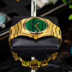 Malachite Gold Concept – Custom natural malachite stone dial on gold-tone stainless steel watch, bespoke timepiece by IFL Watches
